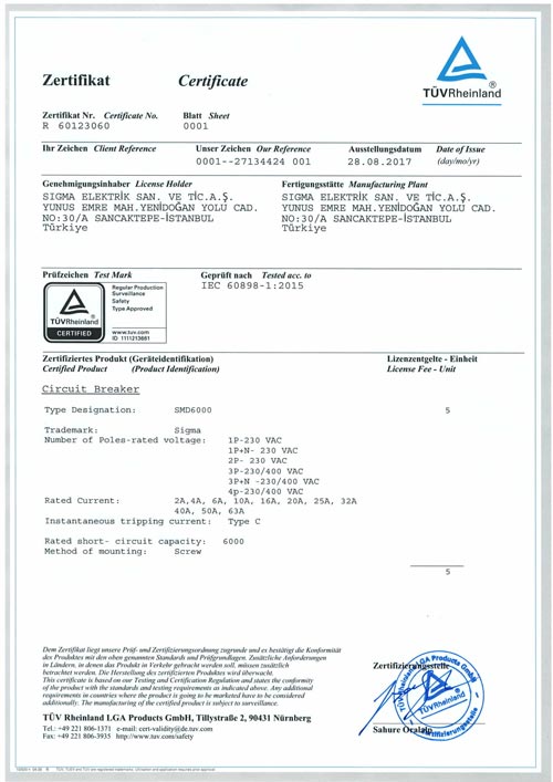 Quality Certificates – TUV – SİGMA ELEKTRİK